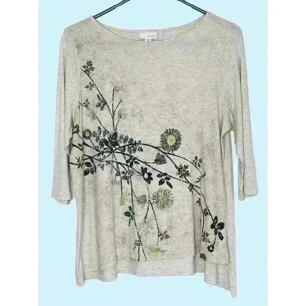 Pure Jill top tee boat neck 3/4 sleeve Large Petite asymmetrical hem floral gray